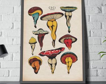 Funny Mushroom Booties Framed Poster, Funny Mushroom Art, Fungi Poster, Fungus Poster, Retro Kitchen Poster