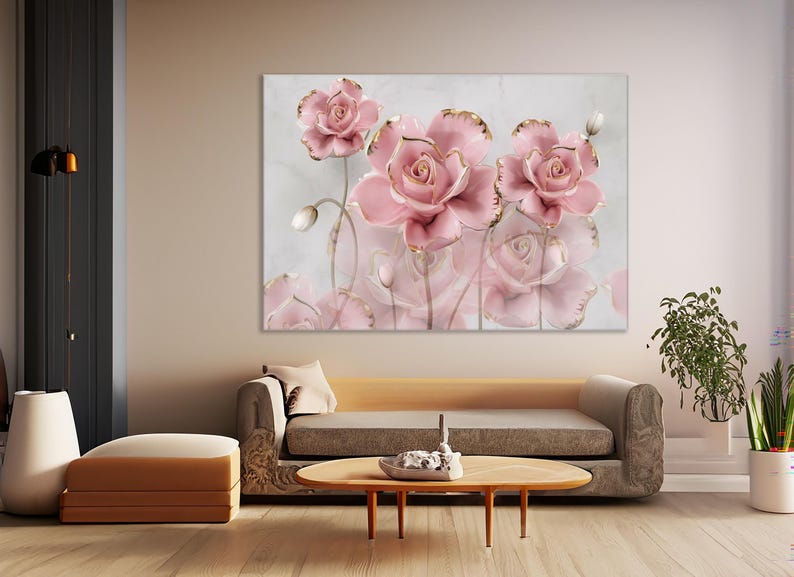 3D Pink Gold Roses Canvas Wall Art Print on Grey Marble Elegant Home ...