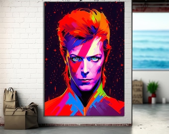 Puede incluir: Un vibrante retrato pop art de una persona con llamativos ojos azules y un maquillaje audaz y colorido. La obra de arte presenta un rayo en la cara y un fondo oscuro con estrellas. El retrato se exhibe en una pared de ladrillos blancos.