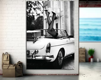High Heels in Classic Car Black and White Fashion Photography, Fashion Canvas Wall Art Print, Wall Art, Vintage Wall Art, Poster Print