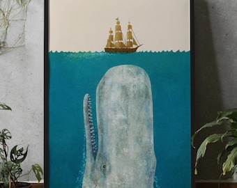 The Whale Poster - Vintage Style Sea Illustration Framed or Matte Art Print of Sperm Whale and Ship
