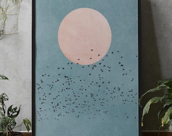 Póster de pájaros en el cielo azul: Luna abstracta minimalista y bandada de pájaros, impresión artística de pared enmarcada o mate.