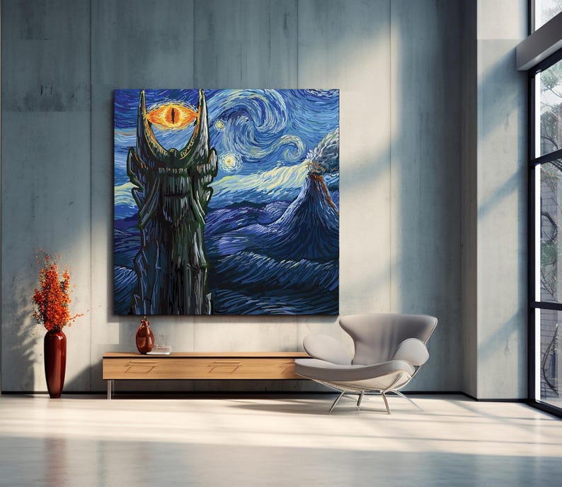 Puede incluir: Gran impresi&oacute;n art&iacute;stica en lienzo que representa una torre oscura con un ojo naranja, sobre un cielo nocturno arremolinado azul y amarillo. La obra de arte es al estilo de Van Gogh, con un volc&aacute;n al fondo.