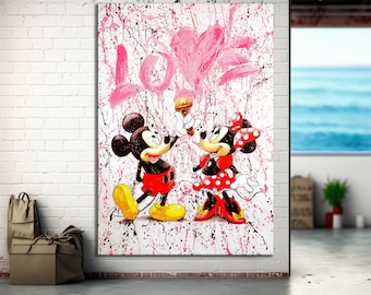 Micky und Minnie Maus Liebe Pop Art Leinwand, Banksy Stil Abstrakt Pop Art, Micky Maus Pop Art, Straßen Graffiti Wandkunst
