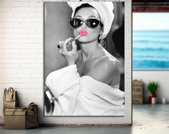 Audrey Hepburn Pink Lipstick Canvas Wall Art | 1950s Cultural Icons Wall Art, Posters, Prints, and Home Decor, Audrey Hepburn Poster