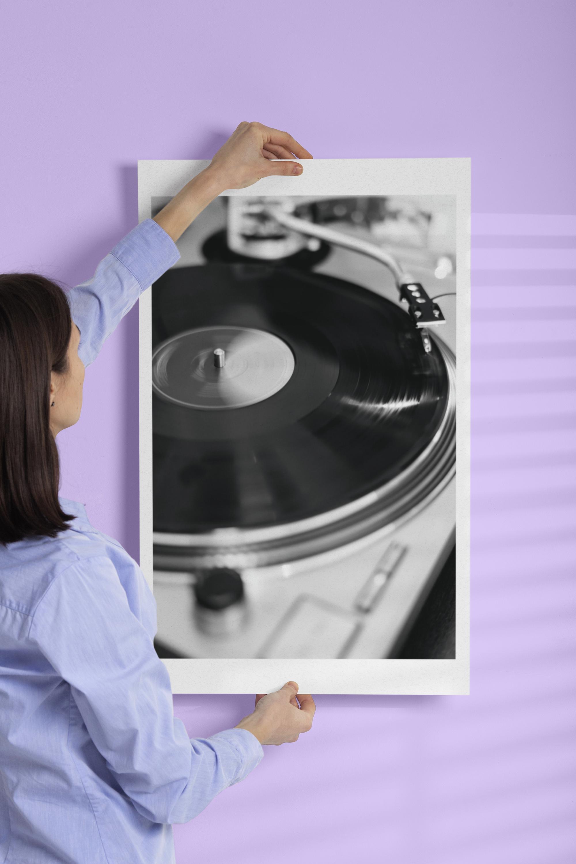Vinyl Spinning Framed Poster | Turntable Black White Music Art Ready to ...