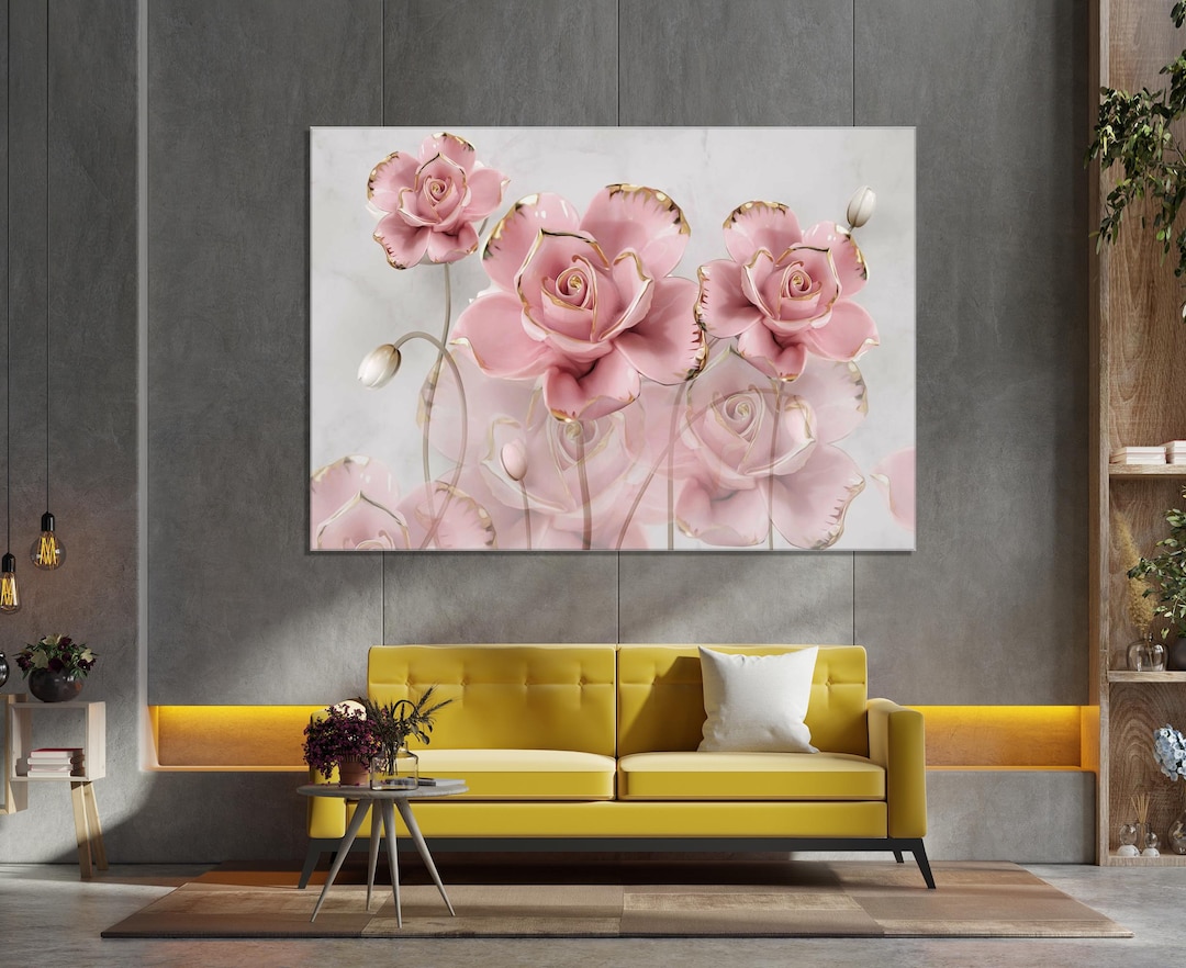 3D Pink Gold Roses Canvas Wall Art Print on Grey Marble Elegant Home ...