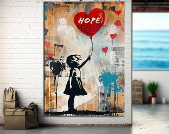 Banksy "HOPE" Girl with Red Balloon Canvas Art, Graffiti Street Art Print, Abstract Mixed Media Pop Art, Inspirational Urban Wall Decor