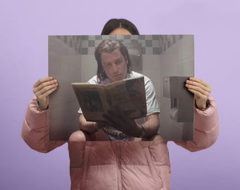 Toilet scene John Travolta, Pulp Fiction, 1994 Movie, Funny Bathroom Canvas Wall art, Black and white, Funny Toilet Print Poster