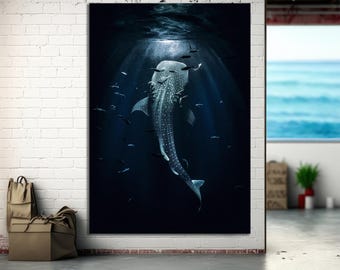Whale Shark Canvas Wall Art, Deep Sea Light Rays Wall Art, Ocean Wall Decor, Handcrafted Underwater Marine Life, Unique Gift Idea