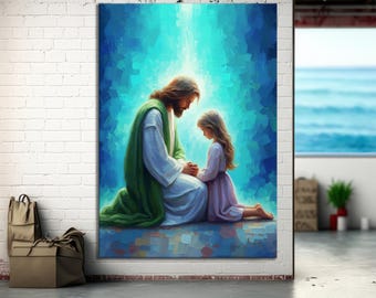 Jesus and Little Girl Praying Canvas Wall Art , Modern Christian Art, Jesus Christ and Girl, Jesus with Children, Jesus Art, Bible Poster