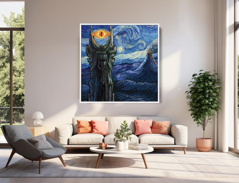 Puede incluir: Una impresi&oacute;n art&iacute;stica enmarcada que representa una torre oscura con un ojo naranja, sobre un cielo nocturno arremolinado azul y amarillo. La obra de arte evoca la fantas&iacute;a y recuerda un estilo de pintura famoso.