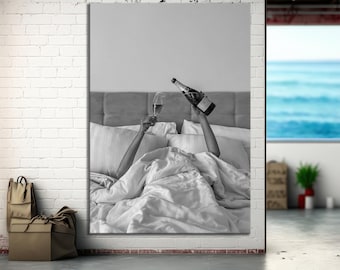 Woman Drinking Wine in Bed Canvas Wall Art,  Black and White, Alcohol Wall Art, Bar Cart Print,Girl Room Decor, Feminist Poster,
