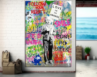 Einstein Love is the Answer Pop Art Canvas Wall Art, Banksy Einstein Art, Street Graffiti Wall Art, Einstein, Einstein Pop Art Canvas