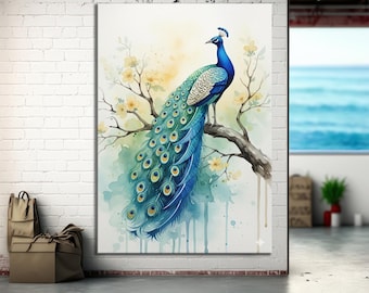 Blue Peacock Abstract Watercolor Print Canvas Wall Art | Beautiful Home Decor Animals Birds Bathroom Dining Room Living Room