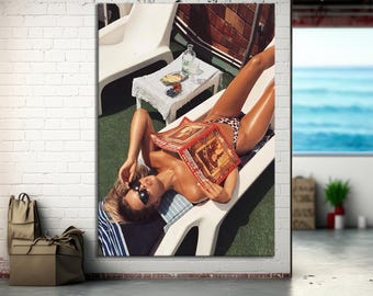 Vintage Woman Sunbathing Canvas Wall Art, Retro Beach Fashion Print, Woman Sunbathing Canvas Wall Art