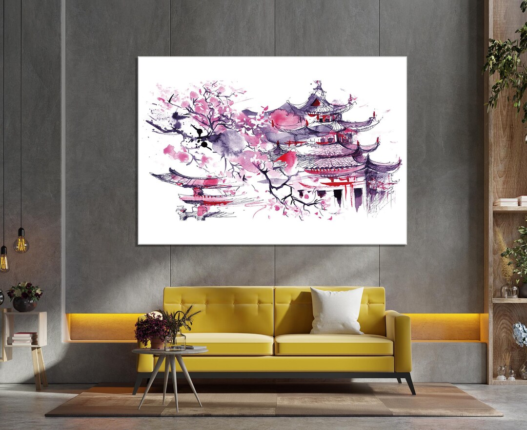 Elegant Cherry Blossom Canvas Wall Art, Japanese Illustration Print for ...