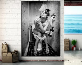 Black and White Fashion Toilet Girl Smoke Canvas, Fashion Wall Art, Trendy Wall Art, Girly Wall Art, Fashion Wall Art, Funny Bathroom Art
