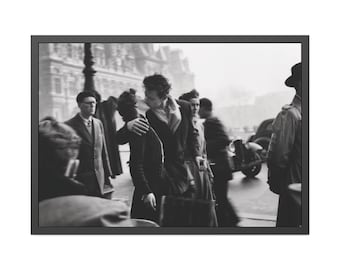 Vintage Paris The Kiss by the Hotel de Ville, Framed Wall Decor, Black Anf White, Premium Quality Print