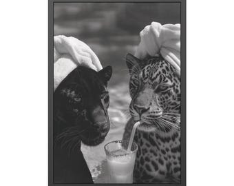 Impression de cocktail à la mode de luxe, guépard et jaguar, art mural noir et blanc, photographie vintage, impression de mode, décoration de chariot de bar
