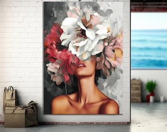Floral Woman Canvas Print, Flowers Canvas Print, Floral Head Canvas Painting, Ready to Hang