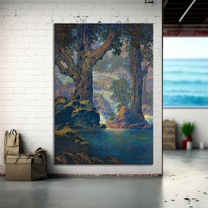 May include: A large landscape painting depicts a serene forest scene with two large trees, a flowing river, and rocky terrain. The artwork features a color palette of blues, greens, and browns, creating a tranquil and naturalistic atmosphere.