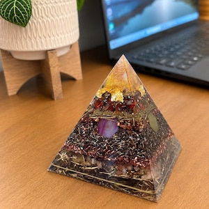 Orgonite Pyramid with Golden Healer Quartz, Tensor Ring, Sacred Geometry, Copper Spiral