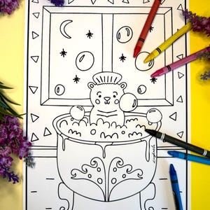 May include: Black and white coloring page featuring a bear in a bathtub with bubbles. The background includes a window with a moon and stars. Crayons in red, yellow, pink, black, and blue are scattered around the page. Lavender flowers are in the background.