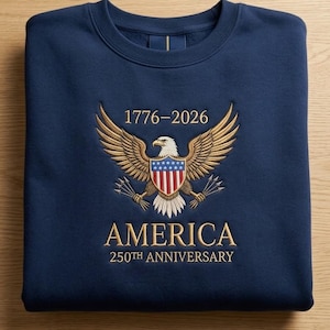 Embroidered USA 250th Anniversary Shirt, USA 1776-2026 Crewneck, Patriotic Eagle Flag Tee, 4th of July Gift