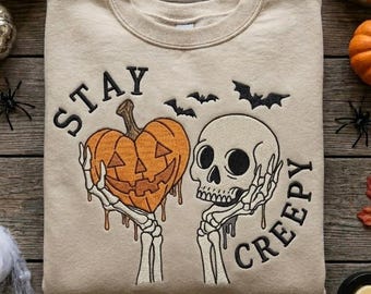 Embroidered Creepy Sweatshirt, Womens Halloween Sweatshirt, Cute Skeleton Hands Tee, Funny Halloween Outfit, Skull Tee, Spooky Season Shirt