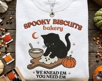 Embroidered Kitty Biscuits Shirt, Spooky Season Tee, Black Cat Halloween Fall TShirt, Vintage Baking Pumpkin T-Shirt, Cat Lover Fall Gif