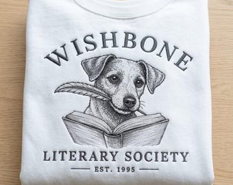 Embroidered Wishbone Dog Shirt, 1717 Literary Society Tee, 90s Kids Nostalgia Gift, Jack Russell Terrier, Book Lover T-shirt, Vintage Sketch