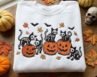 Embroidered Black Cat Pumpkin Shirt, Halloween Spooky Season Vintage Autumn Tee, Cat T-Shirt, Retro Skeleton Cozy TShirt for Cat Lover