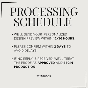 May include: A white informational graphic titled PROCESSING SCHEDULE in black serif font. It states: WE'LL SEND YOUR PERSONALIZED DESIGN PREVIEW WITHIN 12-36 HOURS, PLEASE CONFIRM WITHIN 2 DAYS TO AVOID DELAYS, and IF NO REPLY IS RECEIVED, WE'LL TREAT THE PROOF AS APPROVED AND BEGIN PRODUCTION. VNAGOODS is at the bottom.
