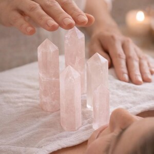 May include: A close-up of several pink quartz crystal points arranged on a white cloth. A person's hand hovers over the crystals, and another person is lying down. The crystals are a soft pink color.