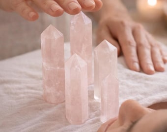 Juego de 4 puntas de cristal de cuarzo rosa, cristales curativos, decoración de piedra del amor, torres de cristal, herramientas de energía Reiki.