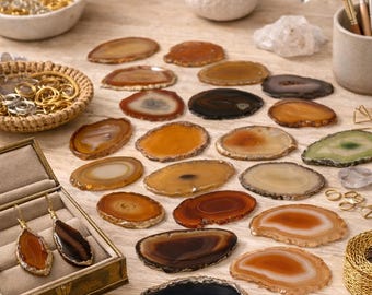Paquete de 31 láminas de ágata para joyería y proyectos de bricolaje – Láminas de ágata natural de 2,5 a 7,5 cm – Materiales para manualidades