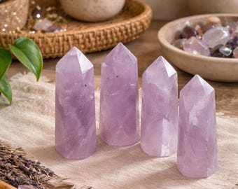 Juego de 5 puntas de cristal de amatista – Cristales curativos naturales para trabajo energético, meditación, decoración de altares, piedras de reiki, decoración espiritual del hogar