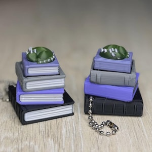 Pode incluir: Dois pingentes em miniatura de pilha de livros. Cada pilha tem um gato verde dormindo no topo. Os livros são em tons de preto, cinza e roxo. Os pingentes são presos a uma corrente de bolinhas prateada.