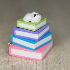 May include: A stack of four colorful books with white pages. A small white cat with black spots is curled up on top of the green book. The books are pink, blue, purple, and green.