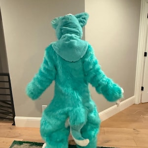 May include: A teal-colored furry costume, featuring a hood with ears, long sleeves, and a tail. The costume has white accents on the feet and tail tip. The person is standing with their back to the camera.