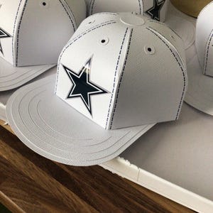 Puede incluir: Una gorra de béisbol de papel blanco con un logotipo de estrella azul oscuro y borde plateado en el panel frontal. La gorra tiene una superficie texturizada, líneas discontinuas negras que simulan costuras y orificios de ventilación.