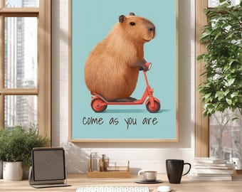 Capybara Wall Art Digital Download, Capybara Riding Scooter, Funny Animal Art, Instant Decor