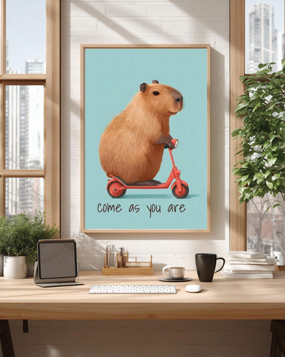 Capybara Wall Art Digital Download, Capybara Riding Scooter, Funny Animal Art, Instant Decor