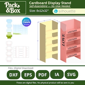 Puede incluir: Diseño de expositor de cartón, autoensamblable, sin pegamento. El expositor mide 20 cm de ancho, 30 cm de profundidad y 81 cm de alto. El diseño incluye un expositor rosa con el texto "LOVE BODY" y un expositor beige. Archivos digitales disponibles.