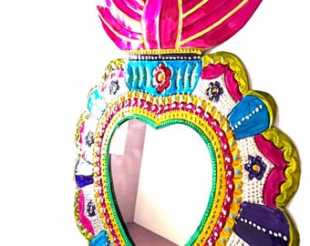 XL Multicolor Mirror - Sacred tin heart, Mexican folk art, ex-voto milagro decor