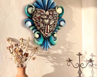 Vintage Colonial Esfumado Milagritos - Wood Sacred Heart, Mexican Handmade Decor, Milagro Art