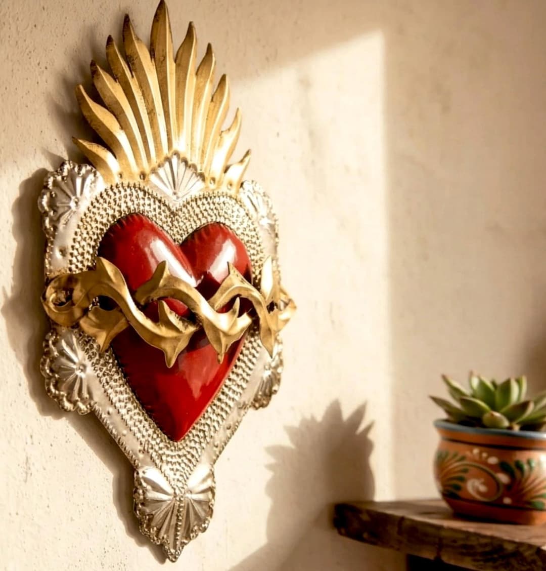 XL Espinado 13” - Tin Sacred Heart, Mexican Folk Art, Milagro, Wall Decor, Ex-voto