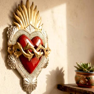 XL Espinado 10”x 13”x 2” - Tin Sacred Heart, Mexican Folk Art, Milagro, Wall Decor