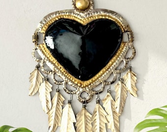 Plumas 11” - Tin Sacred Heart, Mexican Folk Art, Ex-voto, Milagro, Wall Decor